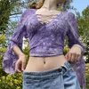 Vintage Women Sexy See Through 2000s Mesh Cardigan T Shirt Ladies Girls Flare Long Sleeve Button Down Lace E Girl Crop Tops 220714