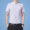 Högkvalitativ boutique Men lyxskjortor Stand Collar Slim Fit Short Sleeve 100% Cotton Daily Casual White Shirt 4XL 5XL 210412