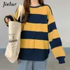 Jielur Langarm ONeck Lose Pullover Tops Frauen Weiß Schwarz Einfache Gestreifte Sweatshirts Vintage Grün Harajuku Hoodies MXL 220815