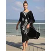 Red Bohemian Floral Embroidered Loose Summer Beach Dress Moroccan Caftan Plus Size Women Street Wear Midi Dress Sarong Q855 220510