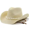 Western Summer Outdoor Women Hand-woven Cowboy Straw Hats Girl Wide Brim Breathable Beach Jazz Cap Sun Protection Hat