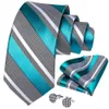 Män binder Teal Blue White Striped Silk Wedding för Designer Hanky ​​Cufflink Quality Set Business 7339