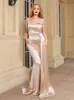 One Shoulder Padded Sexy Satin Maxi Dress Women s Evening Party Gown with Ribbon Royal Blue Green Draped Long 220613