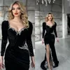 Sexy noir paillettes velours sirène robes de soirée 2022 appliques manches longues fendu avant étage-longueur robes de bal B0513
