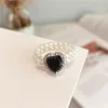 Double-layer Pearl Bead Ring for Women Elastic Rope Love Rhinestones Finger Ring Vintage Party Jewelry Wedding Accessory Gifts