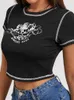 Womens Stylish Angel Letter Printed TShirt Short Sleeve Round Neck Contrast Stitch Slim Fit Wild Casual Crop Tops for Summer 220526