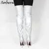 Sorbern 실버 매트 플랫폼 여성 부츠 중간 허벅지 높은 숙녀 신발 Stilettos 하이힐 맞춤형 와이드 부츠 샤프트 길이 새로운