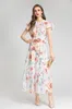 Women's Runway Dresses O Neck Short Flare Sleeves Printed Lace Up Belt Printed Fashion Designer Long Dress