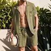 Herrespår Summer Men Cotton Linen Outfit Casual Solid Two Piece Set Fashion Loose Turn-Down Collar Button Shirts and Shorts Passar Mens