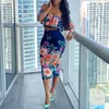 Verano Mujer Casual Vestido de dos piezas Hombro manga corta Estampado floral Volantes Crop Top Midi Bodycon Falda Set 220509