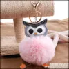 Keychains Fashion Accessories Creative Double-Sided Pu Owl Hair Ball Key Ring Cute Bag Car Pendant Pompom Keychain Cartoon Ani Dhi3G