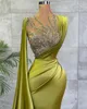 New Arabic Lemon Green Satin Mermaid Evening Dresses Sheer Mesh Top Sequin Beads Ruched Formal Occasion Wear Gold Hunter Sheer Neck Sweep Train Robe de soriee EE
