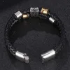 Charm Pulseiras Punk Preto Duplo Couro Genuíno Bracelete Trançado Para Homens Aço Inoxidável Vintage Masculino Pulseira de Pulso Jóias de Mão SP0953