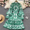 Women stand collar single breasted green print floral lantern long sleeve knee length royal style desinger dress SML