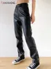 Damen Kunstlederhose, hohe Taille, gerade, weites Bein, PU, lässige einfarbige Hose mit Taschen, Y2k Sexy Baggy 220725