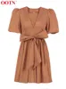 OOTN elegante marrón cuello redondo camisa vestido mujer A-Line manga larga cintura alta cremallera Delgado plisado Mini vestidos femeninos 2022 verano T220804