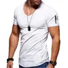 Mens Vneck Tshirt Fitness Bodybuilding Tshirt High Street Summer ShortSleeved Zipper Casual Cotton Top 220610