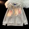 Женские толстовка толстовок писем вышивая Zip Up Hoodie High Street Hip Hop Star Flocking Женская одежда свободная толстовка