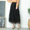 ファッションチュチュチュールスカート女性長いマキシ春夏韓国の黒ピンクハイウエストプリーツメス220322