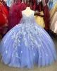 Light Sky Blue 2022 Quinceanera -klänningar med wrap Flower Spaghetti v Neck spets Appliqued Ball Gowns Sweet 15 Vestidos 16 Prom Dress