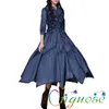 Casual Dresses Spring Vintage Elegant Printed Irregular Denim Asymmetric Pleated Women Retro Mid-sleeved Ruffle Maxi Long DressCasual