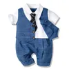 Baby pojke kläder bomull stilig rompers liten gentleman slips outfit född kläder knapp jumpsuit fest kostym klänning 220326