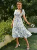 Holiday V-Neck Puff Sleeves Ruffle Print Summer Dress Women Floral High midja Long Dresses A-Line Elastic Beach Vestido 220511