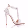 Sandálias femininas Flores de renda brancas Pearl Tassel Bridal Stiletto Super Fine High Saltos Sapatos de Casamento delgados