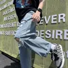 Mäns jeans män sommar mode hål casual america man streetwear rak denim byxor hip hop manlig bred ben byxor