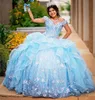 Nieba błękitne marszczenia Aplikacje sukienki Quinceanera Suknia balowa Księżniczka Sweet 16 Sukienka Vestidos de 15 aos