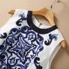 2022 Summer Sleeveless Round Neck Paisley Print Jacquard Paneled Short Mini Dress Elegant Casual Blue and White Porcelain Dresses 22Q151633