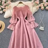 Koreanische Süße Temperament Taille Kleid Frauen Herbst Mesh Patchwork Laterne Hülse Vestidos O Neck Elegante EINE Linie Kleider 2022