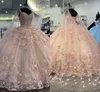 2023 Floral Butterfly Lace Applique Quinceanera Rosa claro com capa com miçangas do ombro Princess Sweet 16 Dress Girls Prom