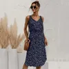 Vestidos casuales Mujer Verano Mini vestido de fiesta 2022 Cuello en V Estampado floral Elástico Pullover Damas Tirantes Hendidura Sin mangas Halter Vestidos de verano Chaleco