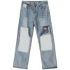 Jeans da uomo Streetwear Vintage Uomo Summer Pocket Stitching Stampa Coreano Casual Pantaloni dritti in denim a vita mediaUomini