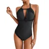 Traje de baño para mujer Traje de baño sin mangas para mujer Color puro Halter Sin espalda Tie Up Hollow Out Slim Fit Beach Romper Casual Simple Body S