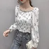 Kvinnors blusar skjortor Kvinnor Spring Autumn Style Chiffon Shirt Square Neck Printed Long Sleeve Ruffles Korean Vintage Tops SP803WOME