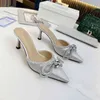 Luxury Rhinestone Wedding Slippers 6.5Cm Stiletto Heels Bowties Silk Party Slides Dress Shoes Designer Sandals