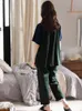 ATUENDO Summer Fashion Green Silk Pajama Sets for Women 100% Cotton PJS Cartoon Soft Sleepwear Atoff Home Casual Satin Nightwear 220329