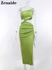 Zenaide Elegant Sexig Klipp ut Lång Klänning Ruched Kvinnor Sommar Baklösa Split Bandage Midi Klänningar 2022 Green Club Holiday Outfits Y220401