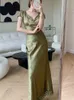 Elegante Frauen Grün Satin Backless Mixi Kleid Kurzarm Spitze V-ausschnitt Verband Vintage, Figurbetontes Kleid Robe Sommer Vestidos 220611