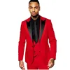 Groomsmen Shawl Lapel Groom Tuxedos Red/White/Black Men Suits Wedding Man Blazer Jacket och byxa Sandband och väst