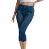 Leggings femminile stampare moda di moda a metà scala da donna denim slim faux jeans allunga leggi corti pantaloni blu grigio blu estate