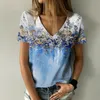 女性S花のテーマ抽象絵画Tシャツフラワープリントvネックベーシックトップ3Dルーズ服2206​​28