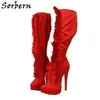 Sorbern Custom Red Wide Calf Boots Women High Heel Pointed Toe Platform Knee High Lady Boot Satin Pleated Zip Up Model Shoes