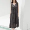 Günlük Elbiseler Johnature Fransız Vintage Pamuk Keten Kolsuz Kadınlar 2022 Yaz V Yaka Backless Gevşek Kravat Elbise