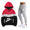 Men Brand LOGO Tracksuit Casual Set Male Joggers Hooded Sportswear Jackets Pants 2 Piece Sets Splice Running Sports Suit Plus Size S-3XL