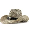 Słomkowe kapelusze Panama Western Cowboy Słomka Kobiety Summer Jazz Caps Beach Windproof Rope Out Wide Brim Hat