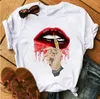 섹시한 새로운 여성 여름 티셔츠 스탠드 칼라 입술 인쇄 탑 티스 소매가 숙녀 아세테이트 크기 S-3XL