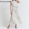 Kuzuwata س الرقبة تحلق قصيرة الأكمام مزاجه اللباس المرأة عالية الخصر الورك ألف خط طويل ضئيلة vestidos الصيف رداء طباعة 220406